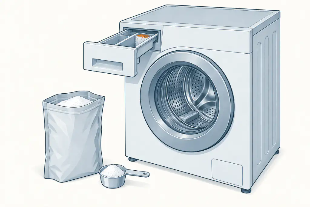 Line drawing of a bag of citric acid powder and a scoop beside a front-loader with its detergent drawer open, limescale in the drawer highlighted in orange.