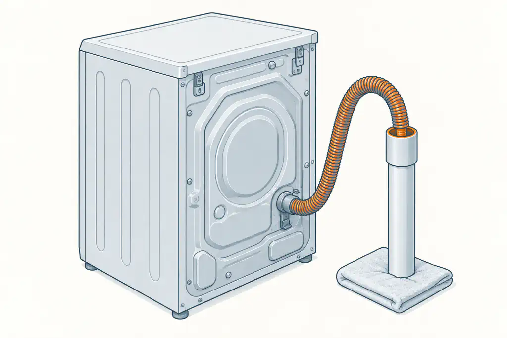 Line drawing of the back of a washer with its corrugated drain hose looping into a standpipe drain, the hose highlighted in orange, with a folded towel at the base of the pipe.