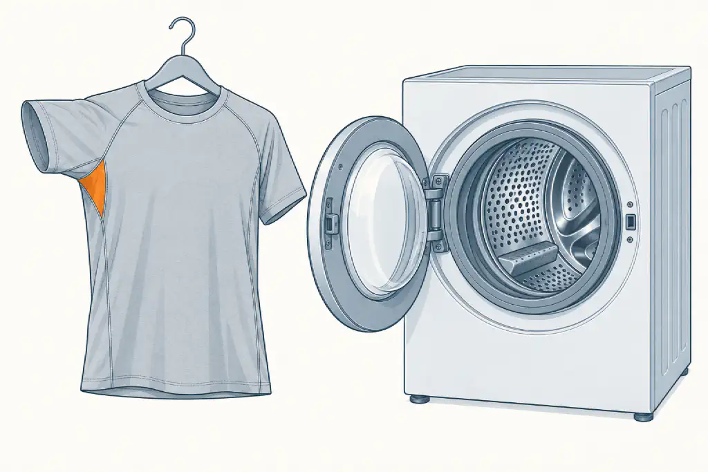 Line drawing of a gray athletic T-shirt on a hanger beside an open front-loader, the armpit area highlighted in orange.
