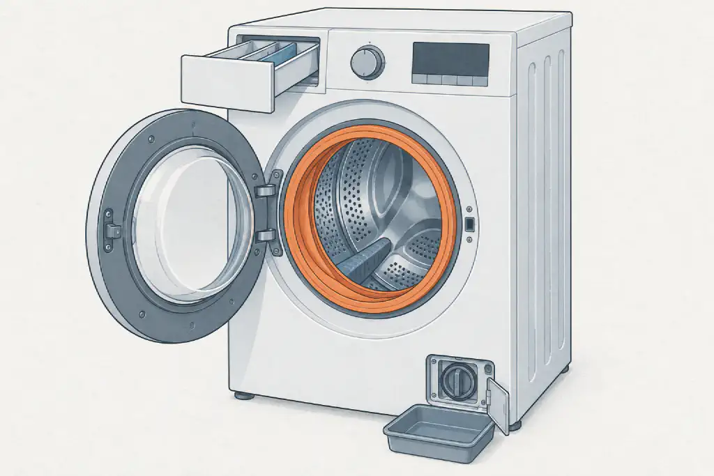 Line drawing of a front-loading washer with its door swung open, the rubber door seal highlighted in orange, the detergent drawer pulled out and the drain-filter hatch open over a low drain pan.