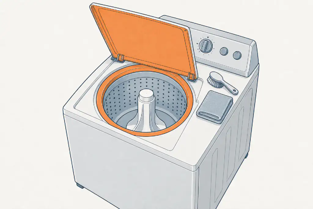 Line drawing of a top-loading washer with an agitator and its lid raised, the tub rim and lid underside highlighted in orange, with a scrub brush and folded cloth on top.