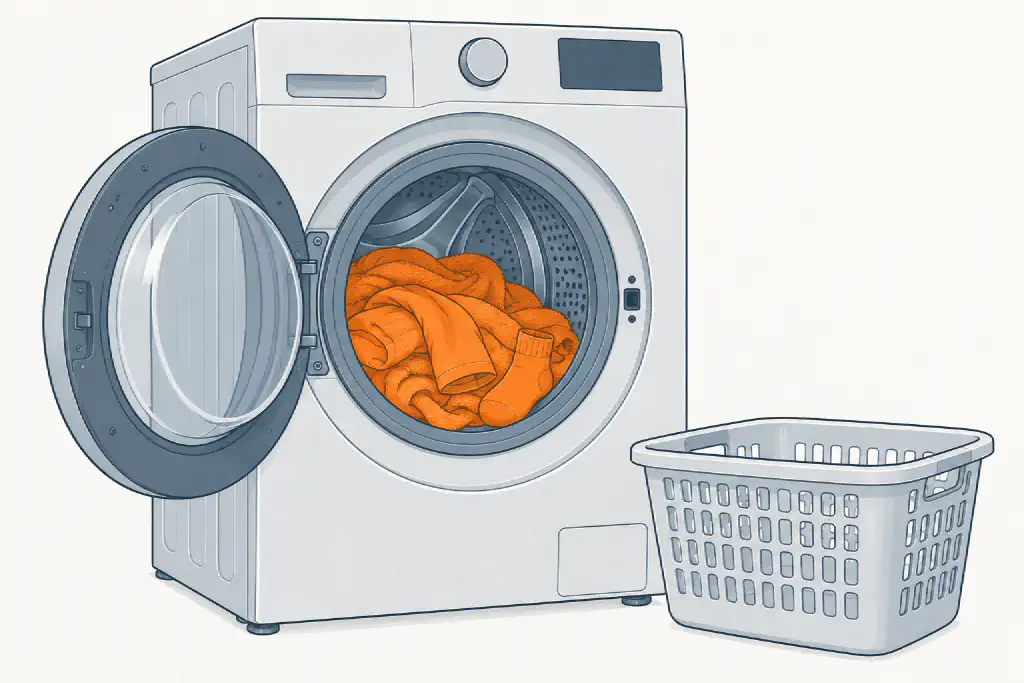 Line drawing of a front-loading washer with its door swung open and a damp heap of forgotten laundry, a towel, a shirt and a sock, highlighted in orange inside the drum, beside an empty laundry basket.