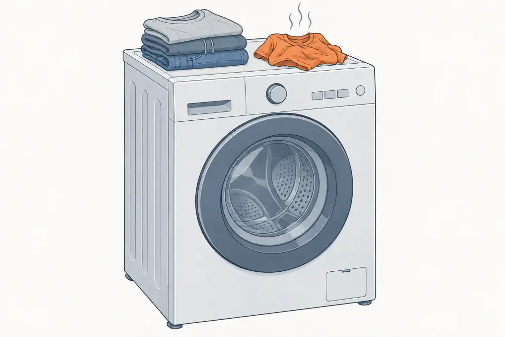 Line drawing of a front-loading washer with a folded stack of clean clothes on top and one crumpled T-shirt beside it, highlighted in orange, with faint odor lines rising from it.
