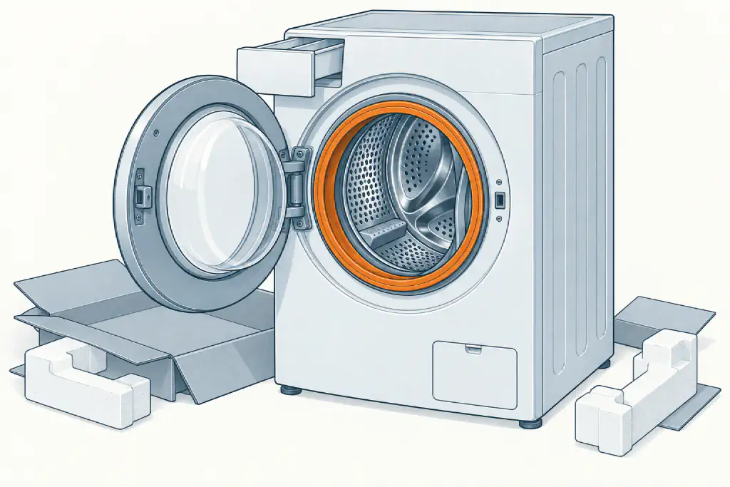 Line drawing of a newly unboxed front-loading washer with packaging on the floor, the new door gasket highlighted in orange.