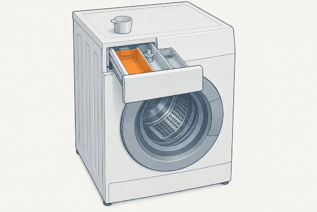 Line drawing of a front-loading washer with its detergent drawer pulled open, the large main-wash compartment highlighted in orange, and a measuring cap on top.